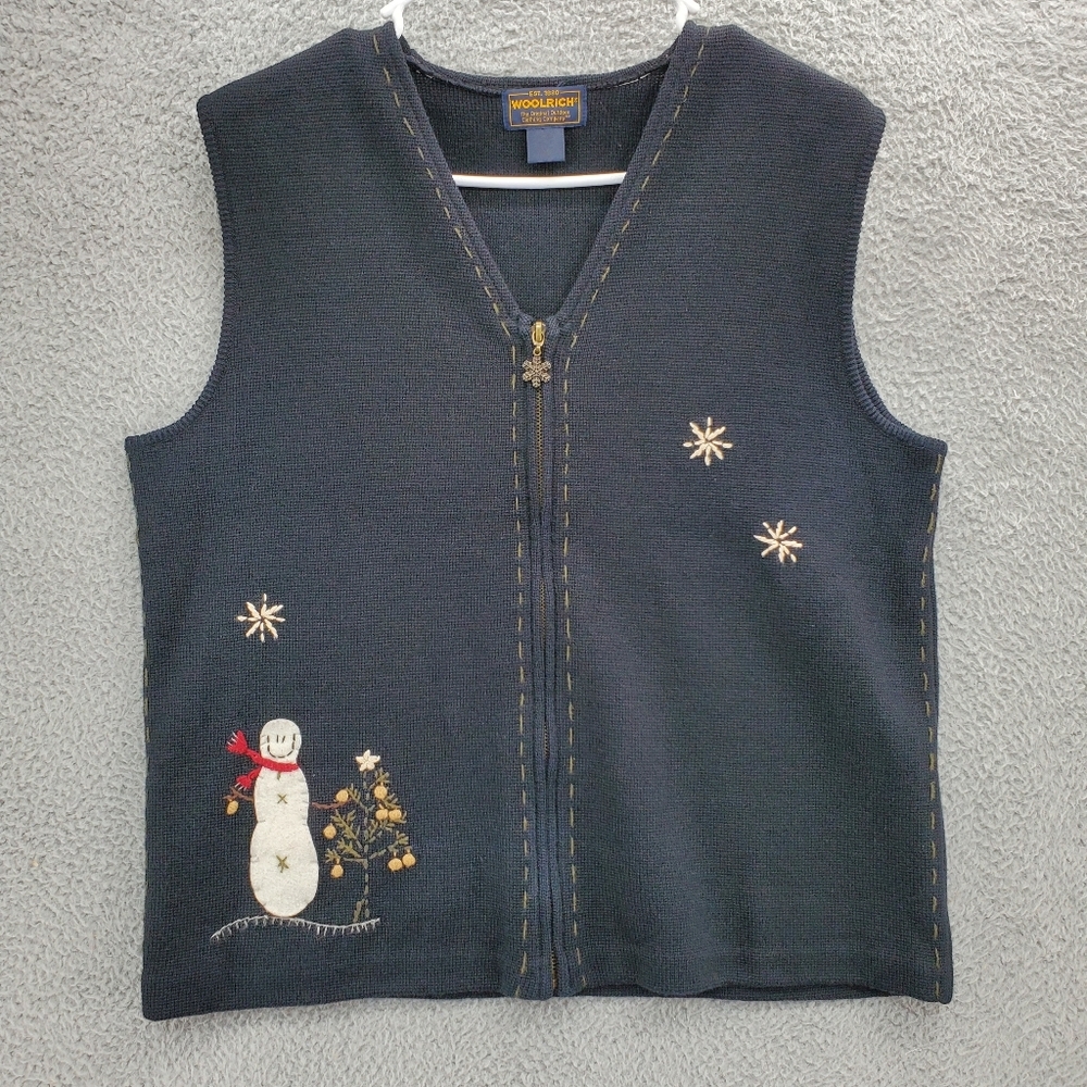 Woolrich Christmas Vest Womans Size Large Black Snowman Snowflake Zip Up